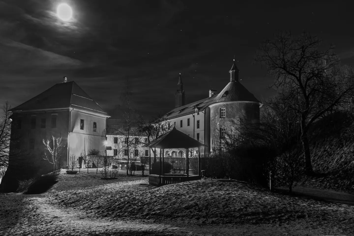 Škofja Loka Castle rises under a full winter moon in this dramatic black-and-white long exposure, its round Renaissance tower and main keep bathed in cold artificial light against a cloud-streaked…